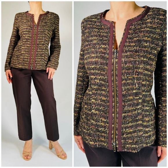 Lafayette 148 New York Jackets & Blazers - Lafayette 148 Tweed Zip Up Blazer Sz 8 Brown Boucle Jacket Workwear Classic
